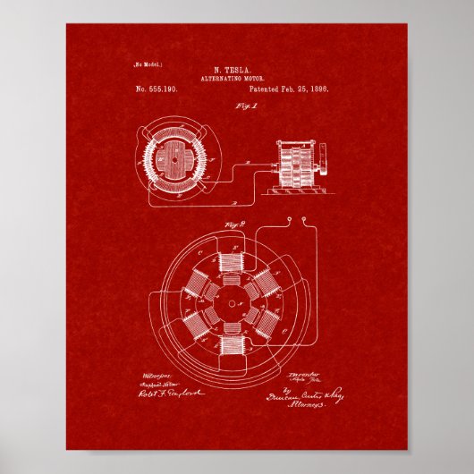 Tesla Alternative Motor Patent - Burgundy Red Poster (Voorkant)