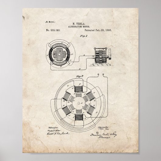 Tesla Alternative Motor Patent - Oude look Poster (Voorkant)