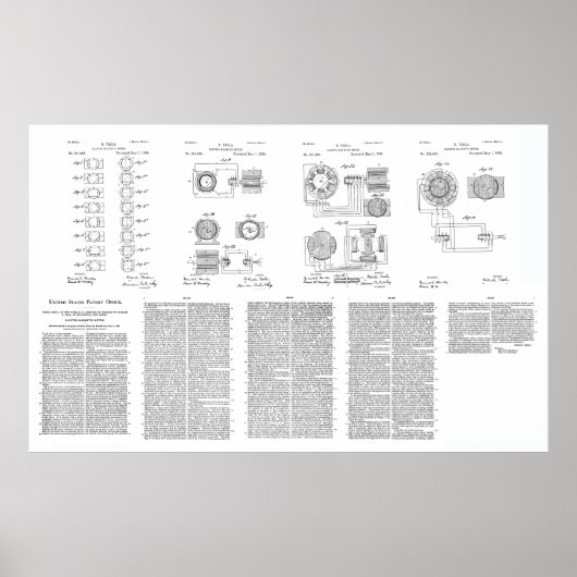 Tesla Elecro-Magnet Motor Patent US381968 p 1-9 Poster (Voorkant)