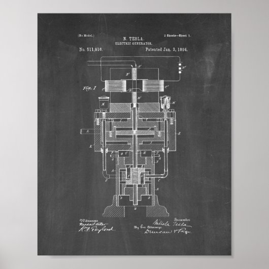 Tesla Electric Generator Patent - Chalkboard Poster (Voorkant)
