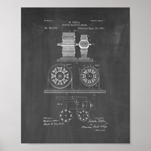 Tesla Electro Magnetic Motor Patent - Chalkboard Poster (Voorkant)