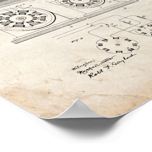 Tesla Electro Magnetic Motor Patent - Oude look Poster (Hoek)