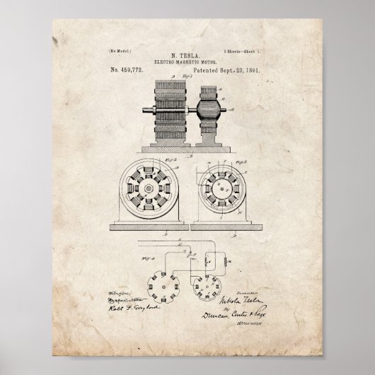 Tesla Electro Magnetic Motor Patent - Oude look Poster (Voorkant)