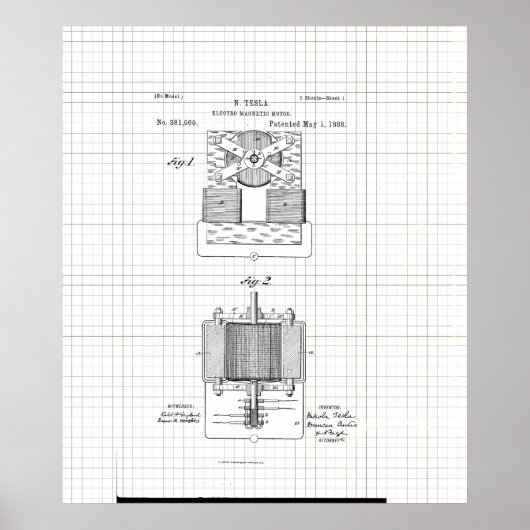  Tesla Electro Magnetic Motor Patent Poster (Voorkant)