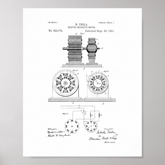 Tesla Electro Magnetic Motor Patent Poster (Voorkant)