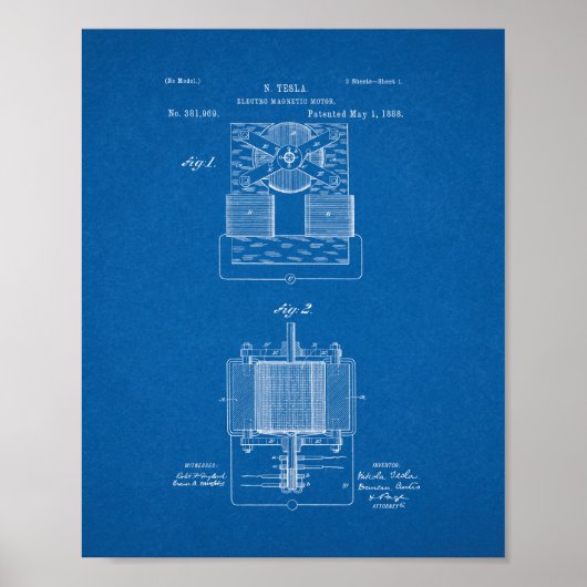 Tesla ElectroMagnetic Motor Patent - Blauwdruk Poster (Voorkant)
