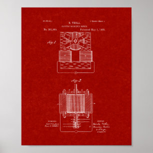 Tesla ElectroMagnetic Motor Patent - Burgundy Red Poster