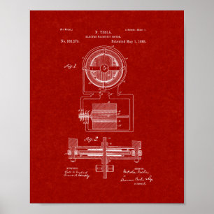 Tesla ElectroMagnetic Motor Patent - Burgundy Red Poster