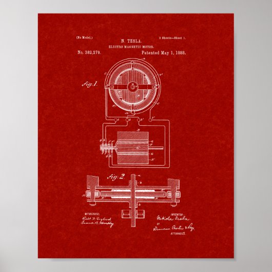 Tesla ElectroMagnetic Motor Patent - Burgundy Red Poster (Voorkant)