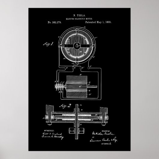 Tesla Elektromagnetische Motor 1888 Patent Poster (Voorkant)