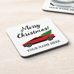 Tesla pick-uptruck met kerstboom bier onderzetter