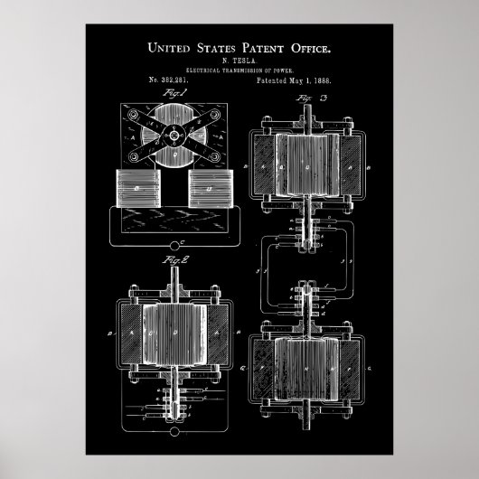 Tesla Power Transmitter 1888 Patent Poster (Voorkant)