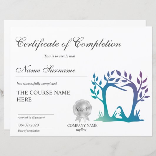 Teth Whitening Certificate of CompleTING Course (Voorkant / Achterkant)