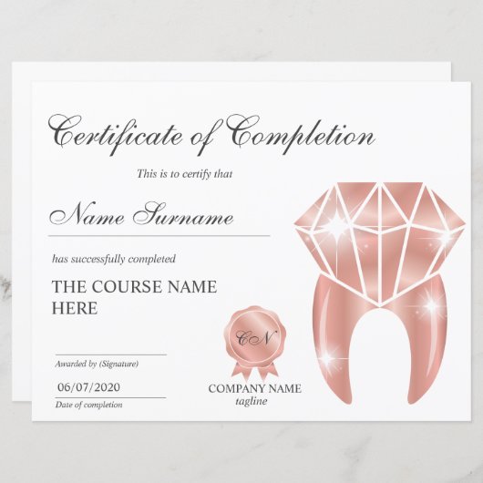 Teth Whitening Certificate of CompleTING Course (Voorkant / Achterkant)