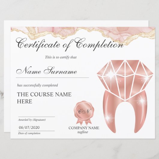 Teth Whitening Certificate of CompleTING Course (Voorkant / Achterkant)