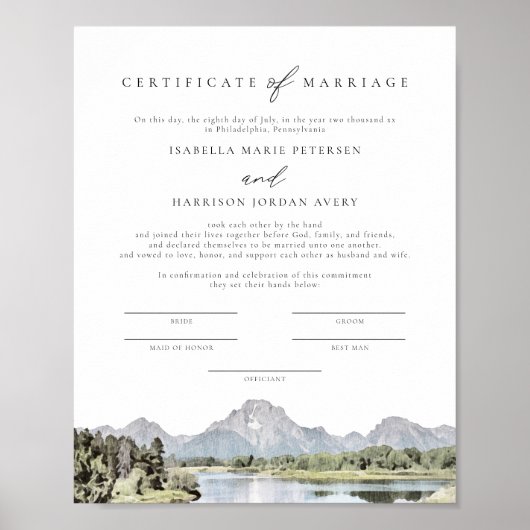 TETON National Park huwelijksakte Keepsake Poster (Voorkant)