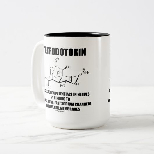 Tetrodotoxine blokkeert actiemogelijkheden in zenu tweekleurige koffiemok (Voorkant links)