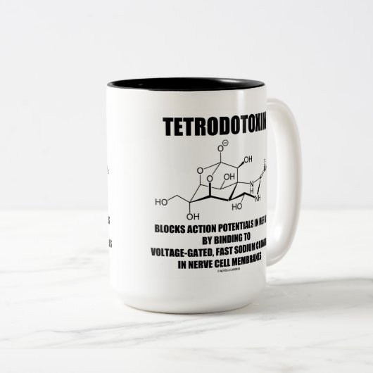 Tetrodotoxine blokkeert actiemogelijkheden in zenu tweekleurige koffiemok (Voorkant rechts)