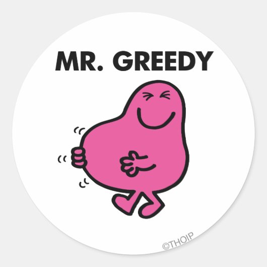 Tevreden de heer Greedy Ronde Sticker (Voorkant)