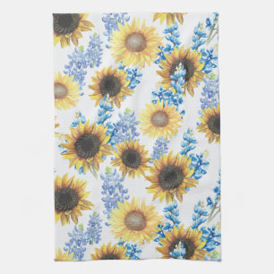 Texaanse Bluebonnet & Zonnebloem Aquarel Theedoek