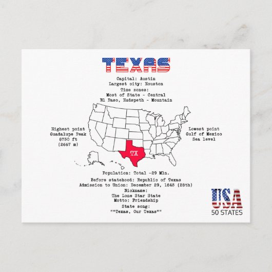 Texas American staat op een kaart en nuttige infor (Voorkant)