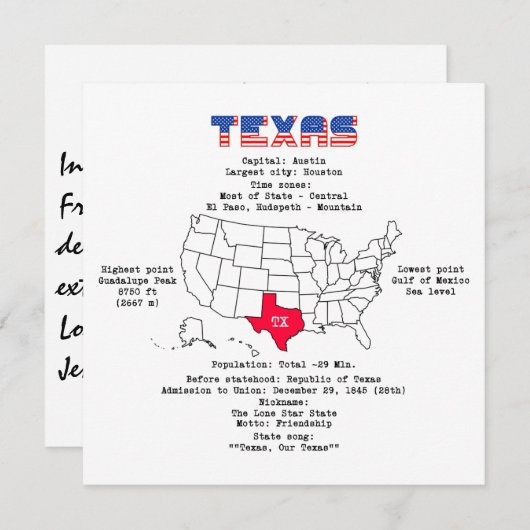 Texas American staat op een kaart en nuttige infor (Voorkant / Achterkant)