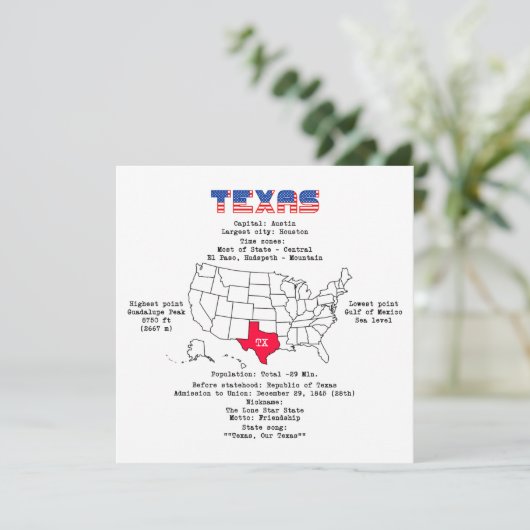 Texas American staat op een kaart en nuttige infor (Staand voorkant)