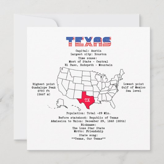 Texas American staat op een kaart en nuttige infor (Voorkant)