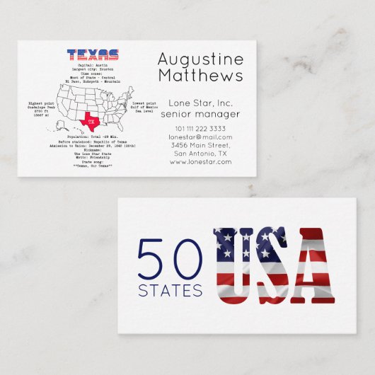 Texas American staat op een kaart en nuttige infor Visitekaartje (Voorkant / Achterkant)
