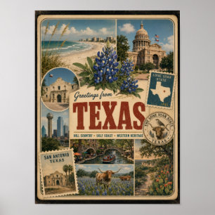 Texas Authentieke Vintage Stijl Ansichtkaart Poster