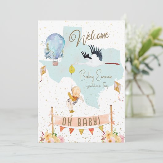 Texas Baby Birth Announounding Balloons Flowers Kaart (Staand voorkant)