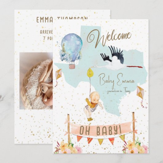 Texas Baby Birth Announounding Balloons Flowers Kaart (Voorkant / Achterkant)