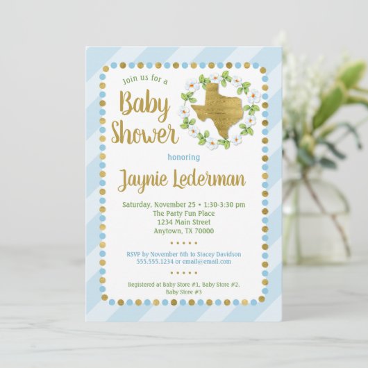 Texas Baby shower Invitation Blue Gold Boys Kaart (Staand voorkant)