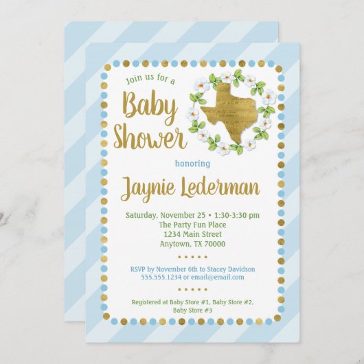 Texas Baby shower Invitation Blue Gold Boys Kaart (Voorkant / Achterkant)