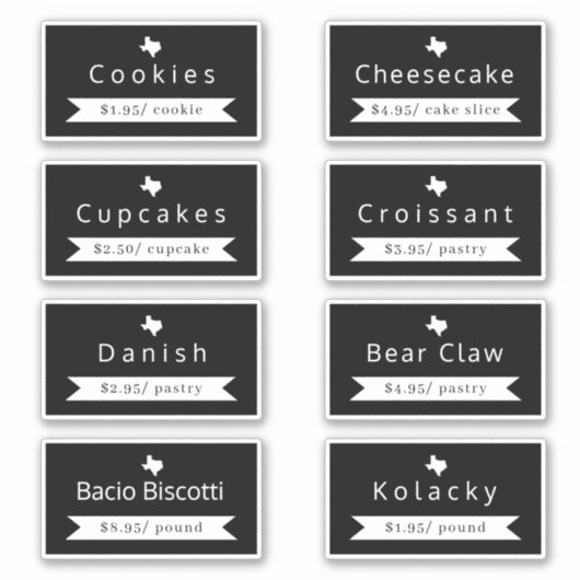 Texas Bakkerij Food Naam & Prijs Sticker Labels (Voorkant)