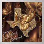 Texas Blessed: Golden Butterfly Art Deco Collage Poster<br><div class="desc">Texas Blessed: Opulent Art Deco Collage met Vlindervleugel Shine Bright, Texas! Omarm de stralende geest van Texas met dit prachtige art deco meesterwerk. Dit ontwerp is een glinsterend eerbetoon aan de Lone Star State en heeft een met juwelen versierde contour van Texas, verweven met de delicate schoonheid van gouden vlindervleugels....</div>