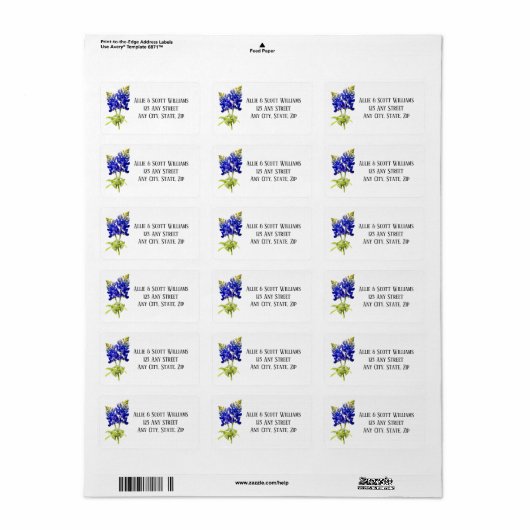 Texas Bluebonnet Flowers, Modern Wedding Etiket (Full Sheet)