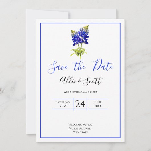 Texas Bluebonnet Flowers, Modern Wedding Save Date Kaart (Voorkant)