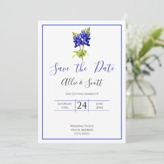 Texas Bluebonnet Flowers, Modern Wedding Save Date Kaart (Staand voorkant)