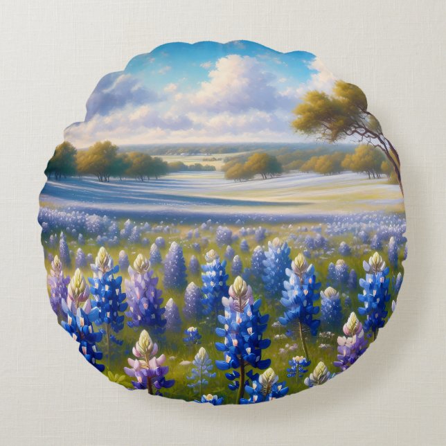 Texas Bluebonnet Meadow Landscape Rond Kussen (Voorkant)