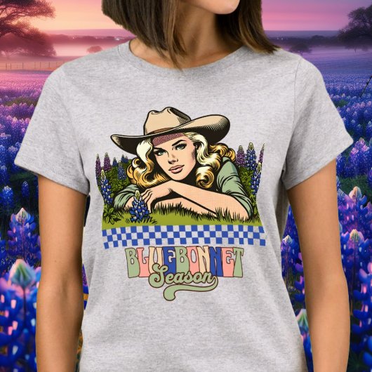 Texas Bluebonnet Seizoen Blonde Retro Cowgirl T-shirt