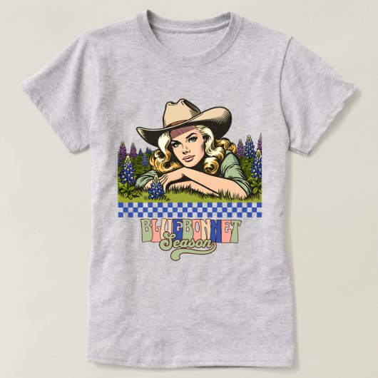 Texas Bluebonnet Seizoen Blonde Retro Cowgirl T-shirt (Design voorkant)