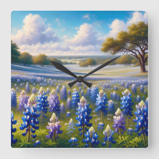 Texas Bluebonnet Weidelandschap Vierkante Klok (Voorkant)