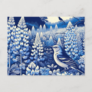 Texas Bluebonnets en Northern Mockingbird Texan Briefkaart