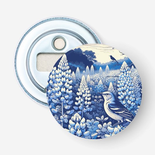 Texas Bluebonnets en Northern Mockingbird Texan Button Flesopener (Voorkant)