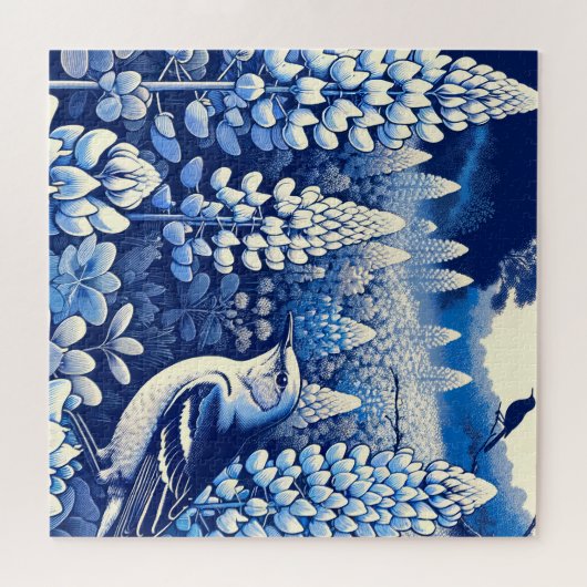 Texas Bluebonnets en Northern Mockingbird Texan Legpuzzel (Horizontaal)