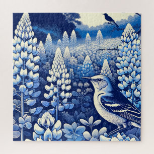 Texas Bluebonnets en Northern Mockingbird Texan Legpuzzel