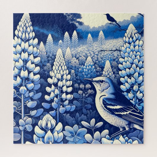 Texas Bluebonnets en Northern Mockingbird Texan Legpuzzel (Verticaal)