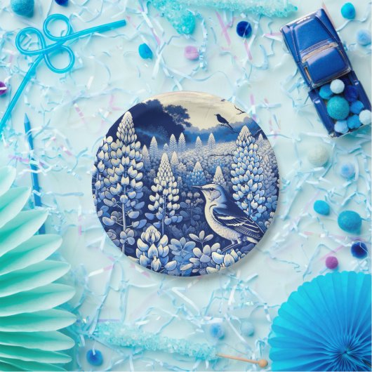 Texas Bluebonnets en Northern Mockingbird Texan Papieren Bordje (Feest)