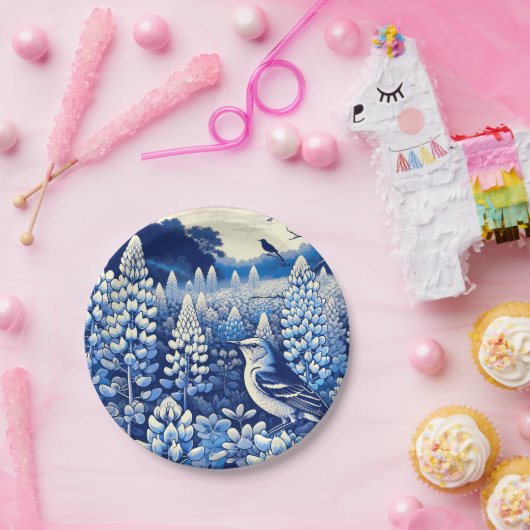 Texas Bluebonnets en Northern Mockingbird Texan Papieren Bordje (Feest)